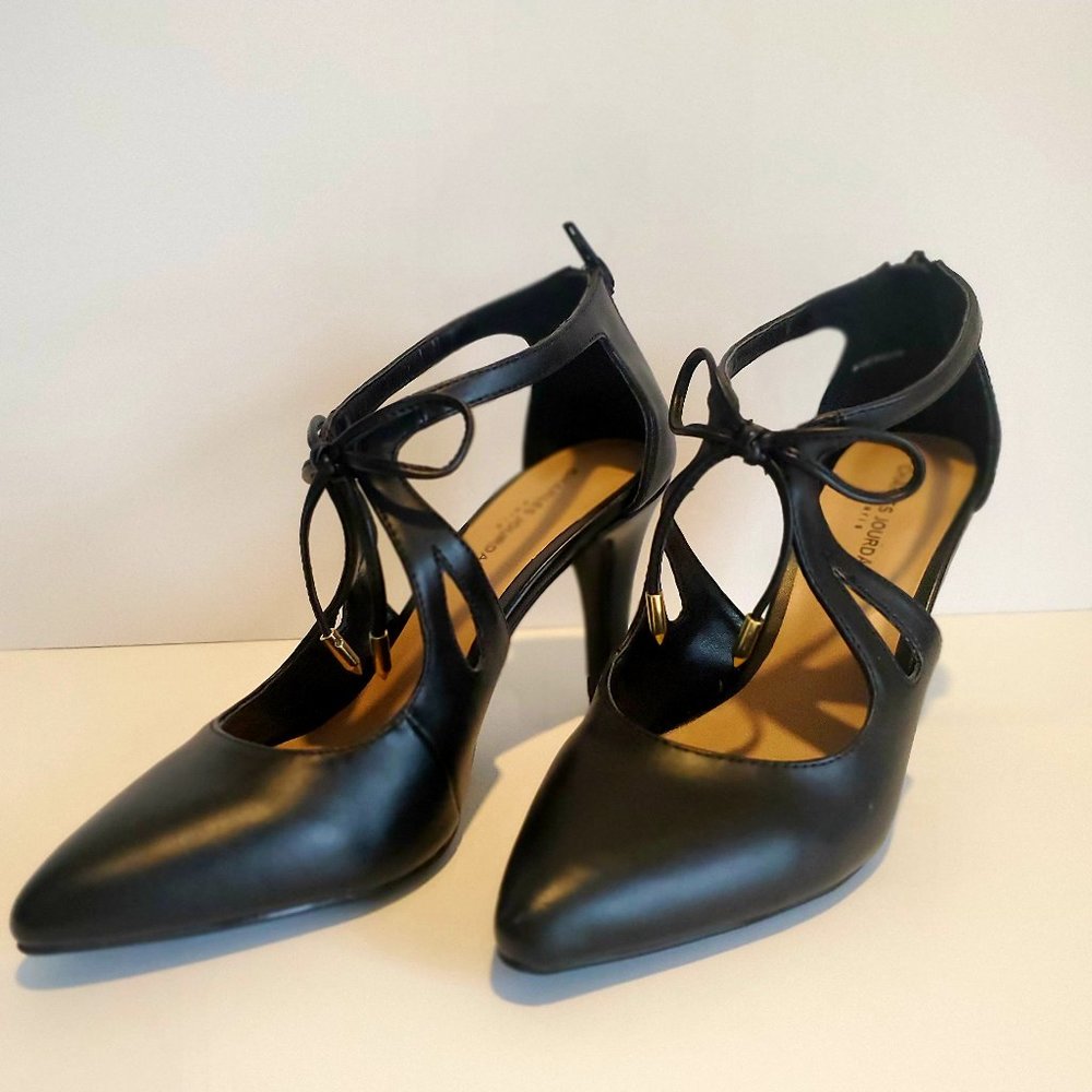 NEW Charles Jourdan Strappy Bow Tie Black Pointed Stiletto Heels Pumps Zip Back